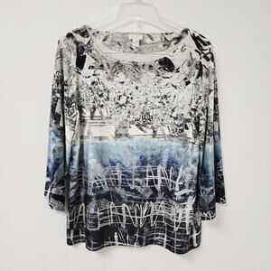 Chicos Top Blouse Sz 1 M Velour Abstract Art Print 3/4 Sleeve Wide Neck Velvety